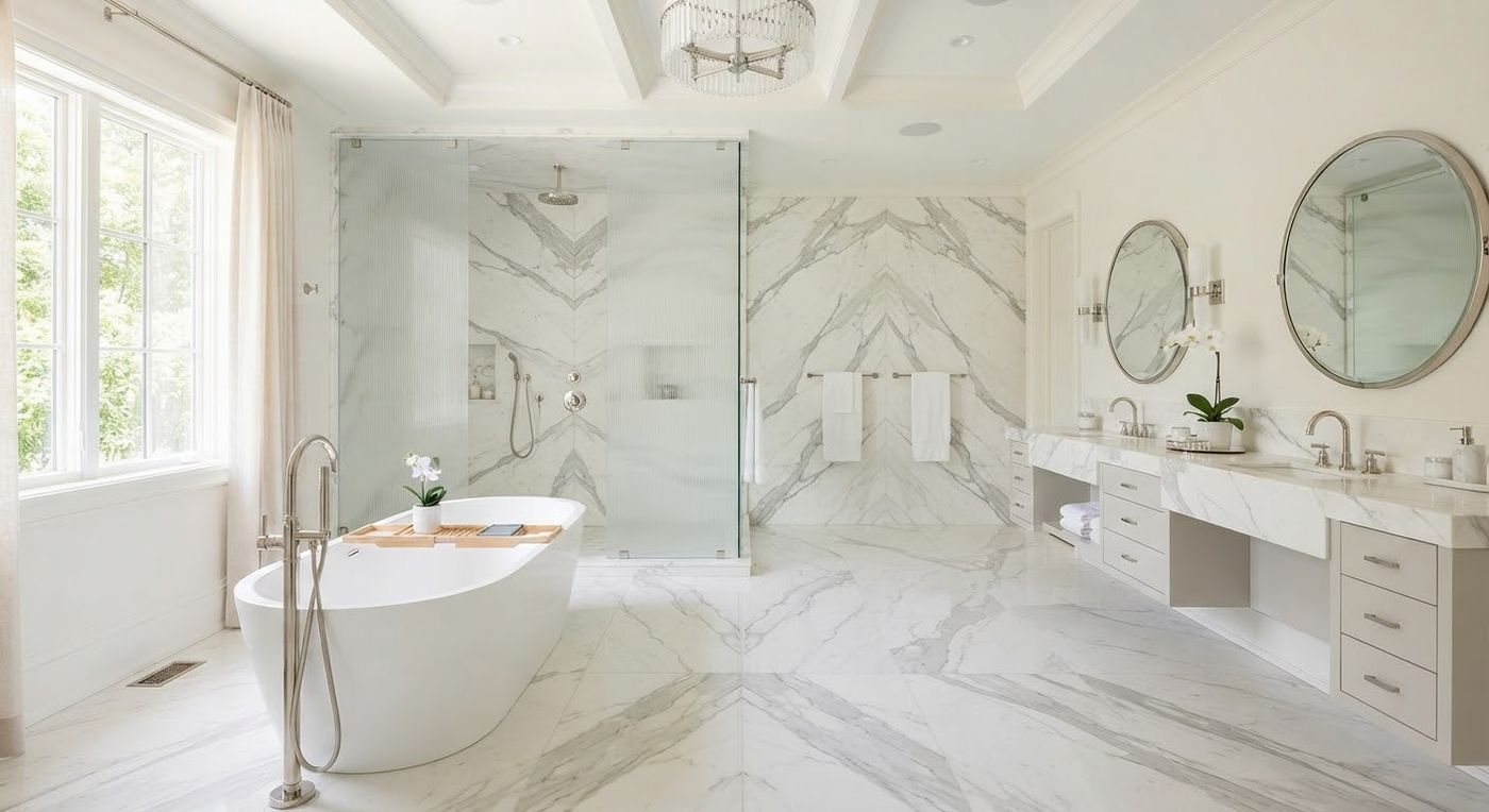 Illustration: a bright bathroom with a free-standing tub