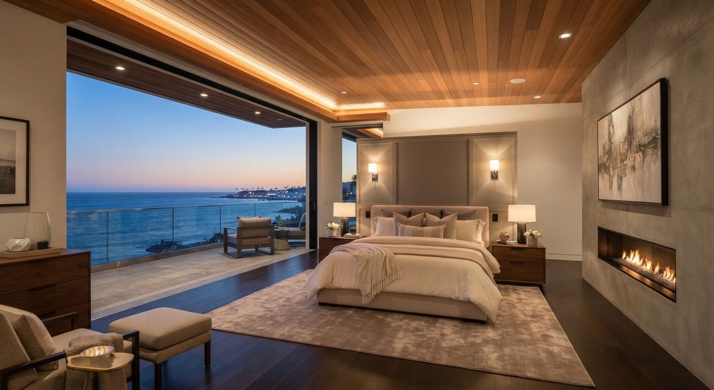 Illustration: a bedroom with large windows