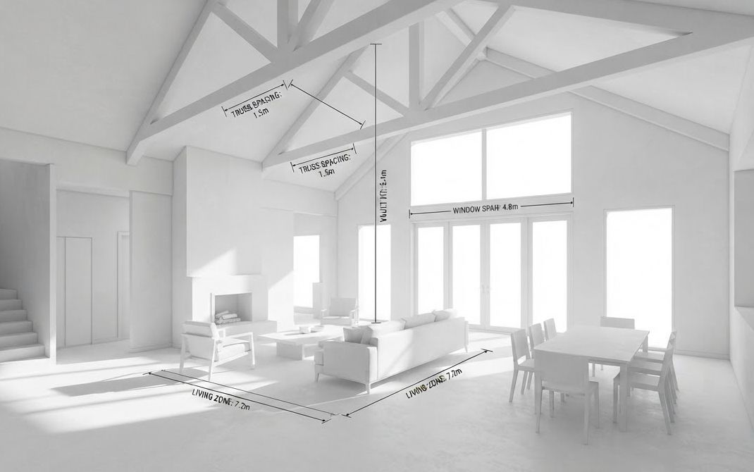 Illustration: a plain white 3D model of a vaulted room