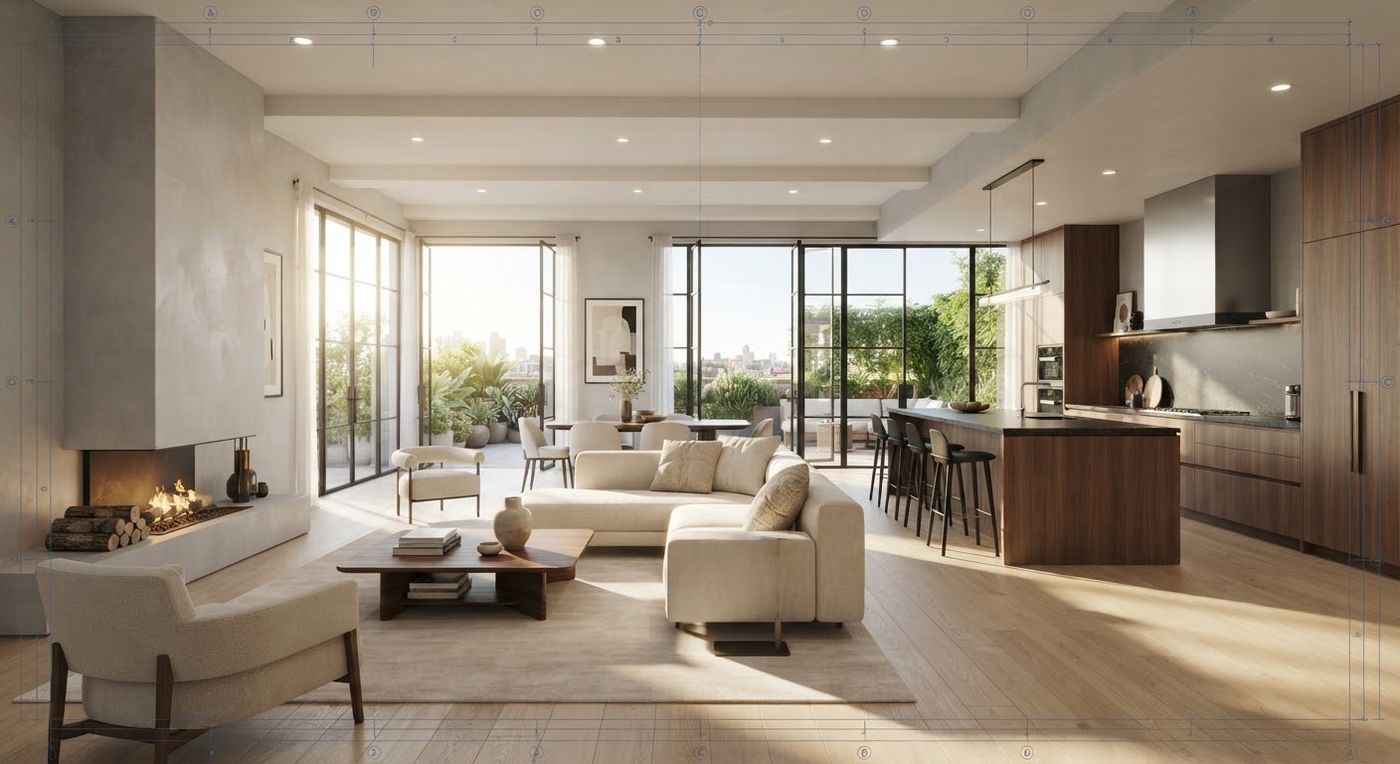 An open living room and kitchen in 3D
