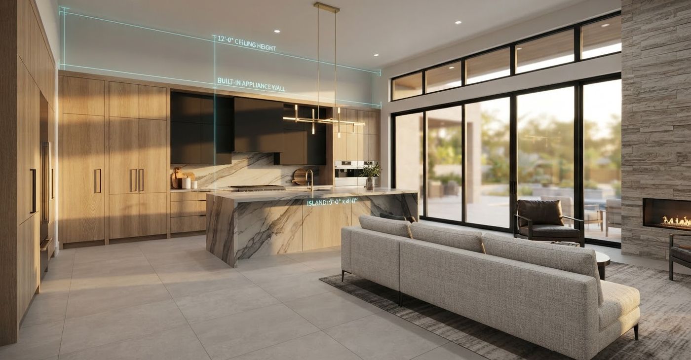 A kitchen and great room in 3D with the ceiling height measured