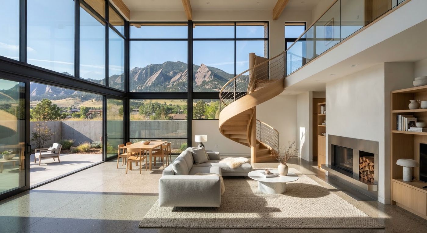 Illustration: a two-storey living room with a curved stair